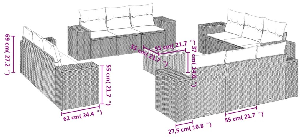 vidaXL Σαλόνι Κήπου 13 Τεμαχίων Γκρι από Συνθετικό Ρατάν με Μαξιλάρια