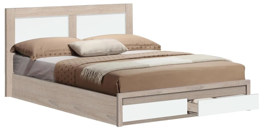 BED CAPRI  WITH 2 DRAWERS SONAMA-WHITE FOR MATTRESS 150X200 cm.