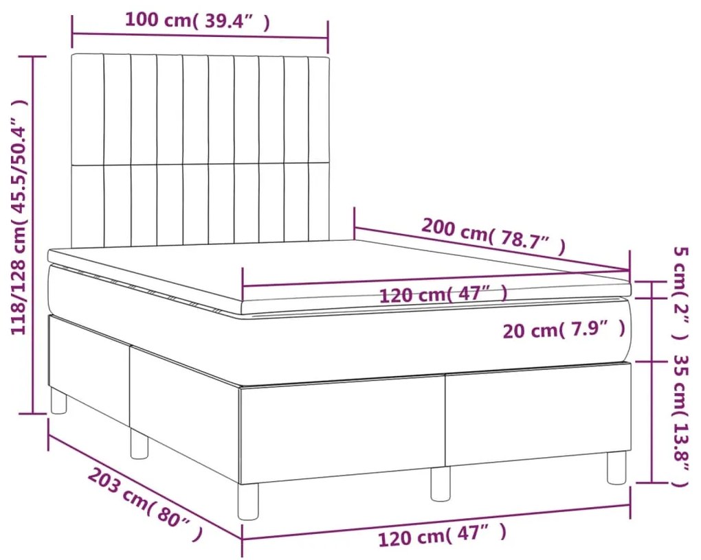 Κρεβάτι Boxspring με Στρώμα &amp; LED Κρεμ 120x200 εκ. Υφασμάτινο - Κρεμ