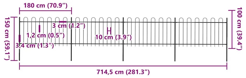 vidaXL Φράχτης Κήπου με Κορυφή από Ατσάλι 714,5 x 100 εκ. Μαύρος