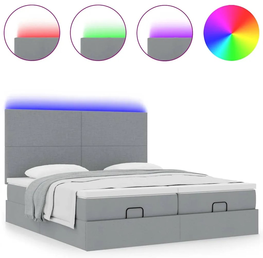 vidaXL Οθωμανικό κρεβάτι με στρώματα & LEDs Ανοιχτό γκρι ύφασμα