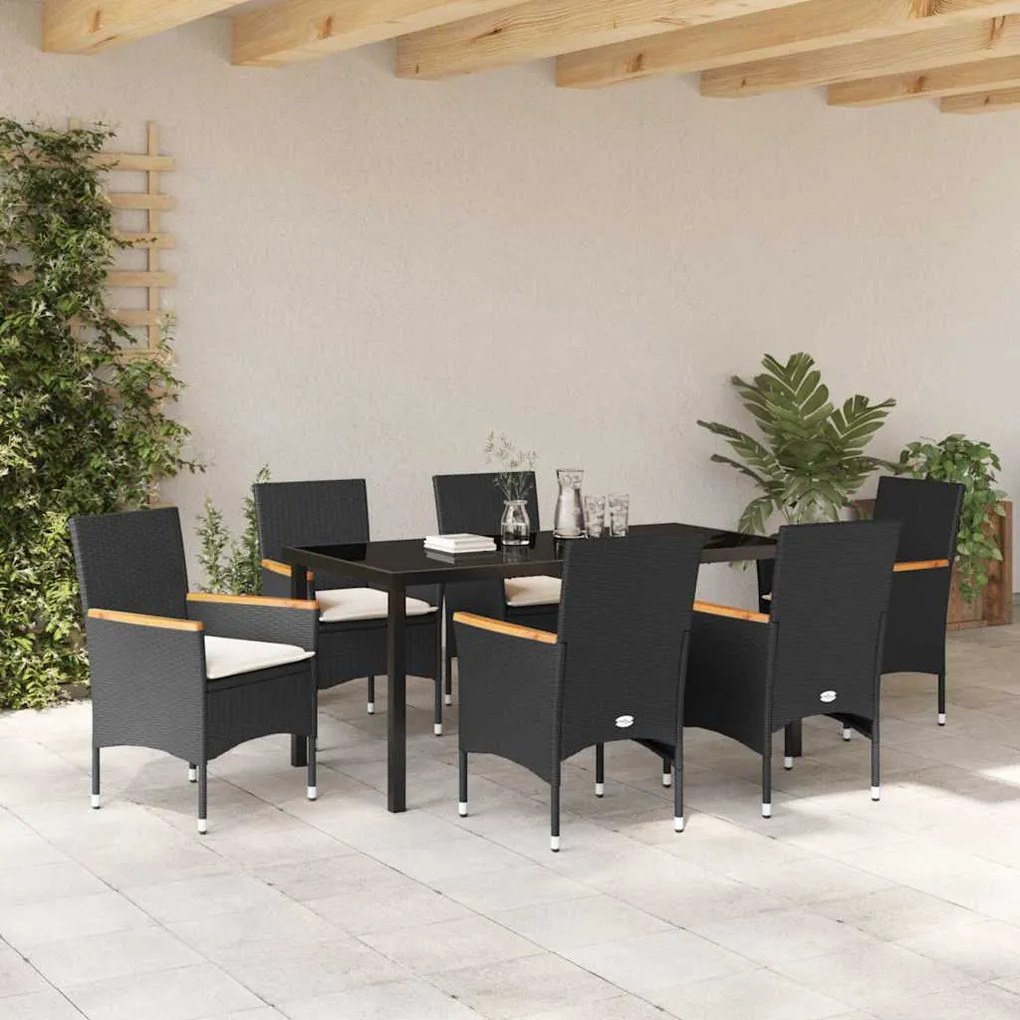 vidaXL Σέτ φαγητού για κήπο με μαξιλάρι 7 pcs Μαύρο Πολυ ράταν