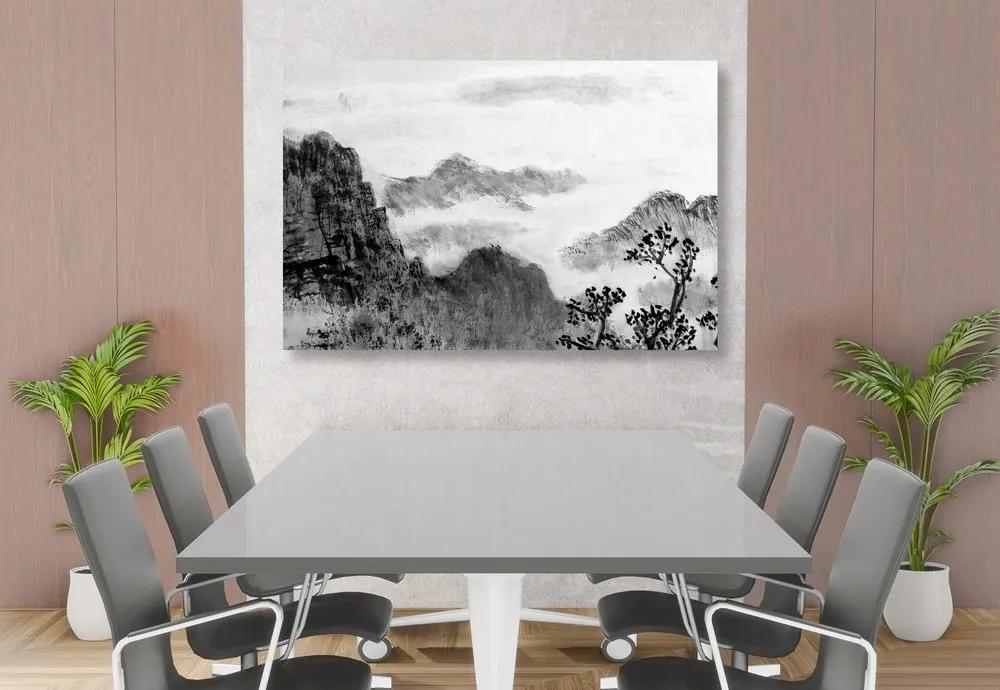 Εικόνα μιας παραδοσιακής κινέζικης ζωγραφικής τοπίων σε ασπρόμαυρο - 90x60