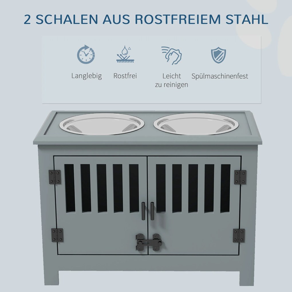 PawHut Ανυψωμένος Σταθμός Τροφοδοσίας για Μεγάλους Σκύλους, 2 Μπολ από Ανοξείδωτο Ατσάλι, Αποθηκευτικός Χώρος, 35,5x60x30 cm, Γκρι