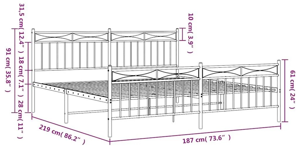 Πλαίσιο Κρεβατιού με Κεφαλάρι&amp;Ποδαρικό Λευκό 183x213εκ. Μέταλλο - Λευκό