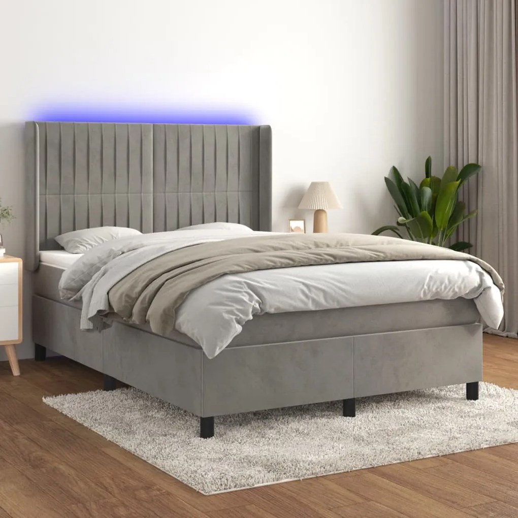 Κρεβάτι Boxspring με Στρώμα &amp; LED Αν.Γκρι 140x200 εκ. Βελούδινο - Γκρι