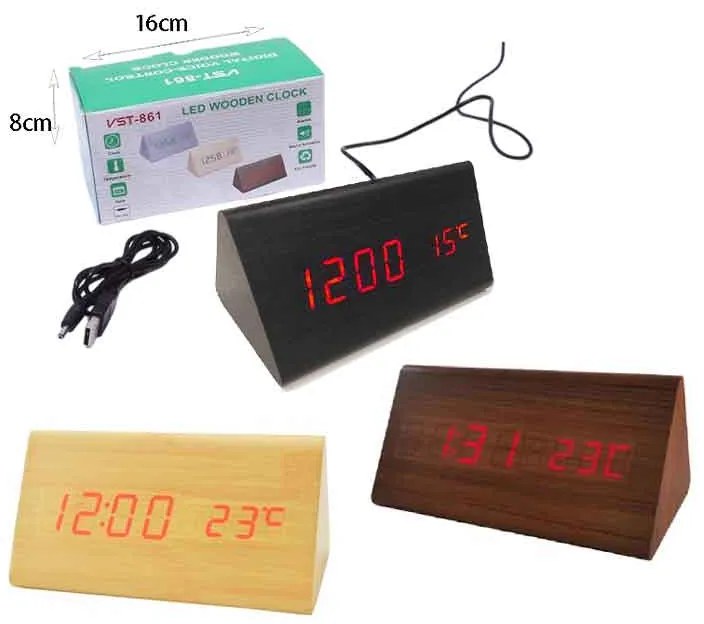 Ξύλινο Ψηφιακό Ρολόι LED με Θερμόμετρο VST-861 – LED Wooden Clock with Temperature Display
