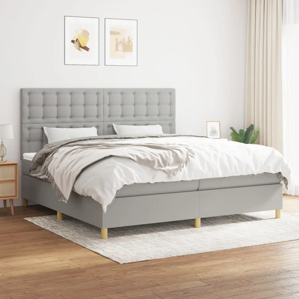 Κρεβάτι Boxspring με Στρώμα Ανοιχτό Γκρι 200x200 εκ. Υφασμάτινο