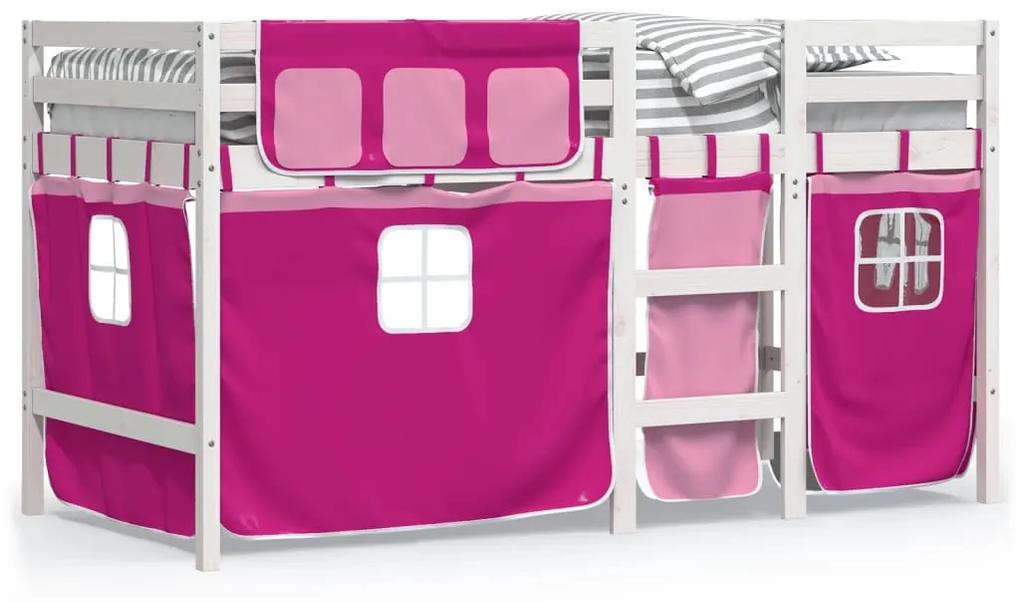 vidaXL Υπερυψ. Κρεβάτι με Κουρτίνες Ροζ 90 x 200 εκ. Μασίφ Ξύλο Πεύκου