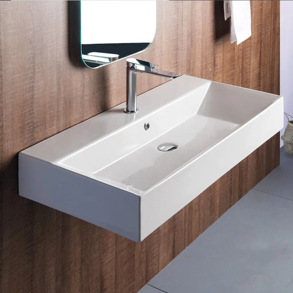 Bianco Ceramica Tetra N 32090 Λευκός Πορσελάνινος Νιπτήρας Μπάνιου Κρεμαστός ή Επιτραπέζιος ή Επικαθήμενος Επίπλου 90x42cm