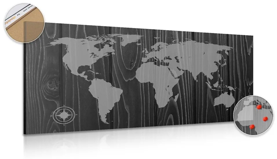 Εικόνα σε ασπρόμαυρο χάρτη από φελλό με πυξίδα σε ξύλο - 100x50  transparent
