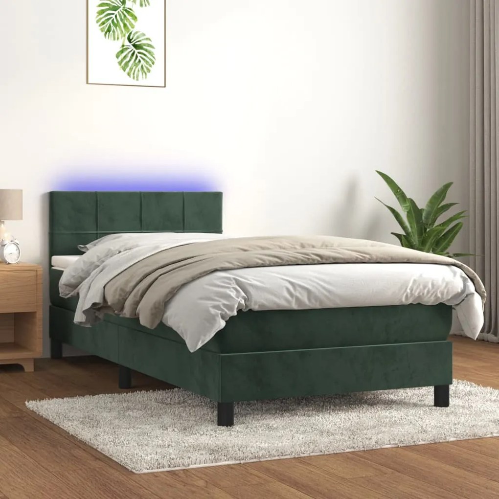 vidaXL Κρεβάτι Boxspring με Στρώμα & LED Σκ. Πράσινο 80x200 εκ Βελούδο