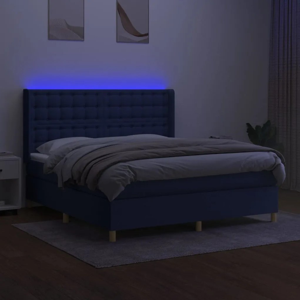 Κρεβάτι Boxspring με Στρώμα &amp; LED Μπλε 180x200 εκ. Υφασμάτινο - Μπλε