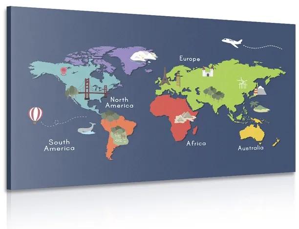 Εικόνα παγκόσμιου χάρτη με ορόσημα - 90x60