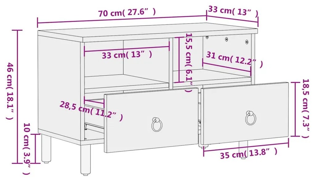 Έπιπλο Τηλεόρασης 70 x 33 x 46 εκ. από Μασίφ Ξύλο Μάνγκο - Καφέ