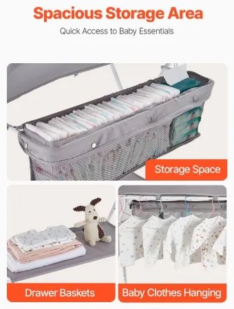 VEVOR Foldable Baby Changing Diaper Station with Side Basket &amp; Wheels Light Gray