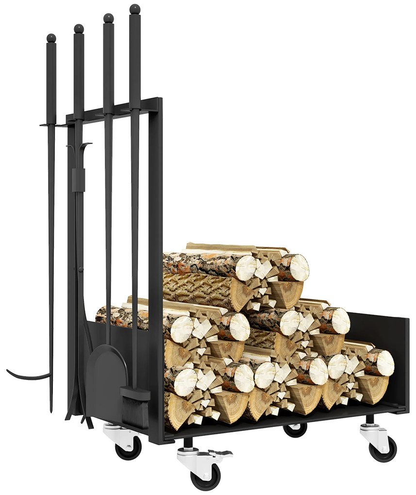 Outsunny Βάση για Ξύλα Τζακιού με Ρόδες, Πολλά Αξεσουάρ, Μεταλλικό Πλαίσιο, έως 60 kg, 48 x 30 x 76 cm, Μαύρο