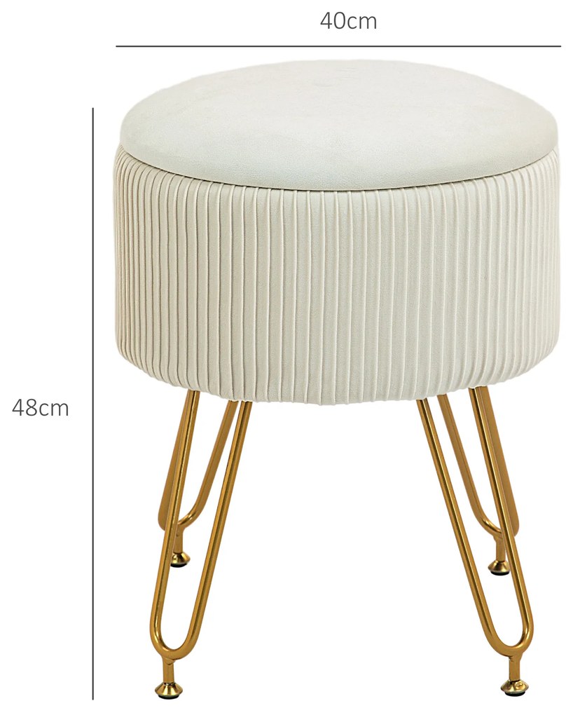 HOMCOM Σκαμπό Αποθήκευσης 2-σε-1 με Μεταλλικά Πόδια, Στρογγυλό Υποπόδιο για Σαλόνι, Υπνοδωμάτιο, Διάδρομο, Κρεμ Λευκό