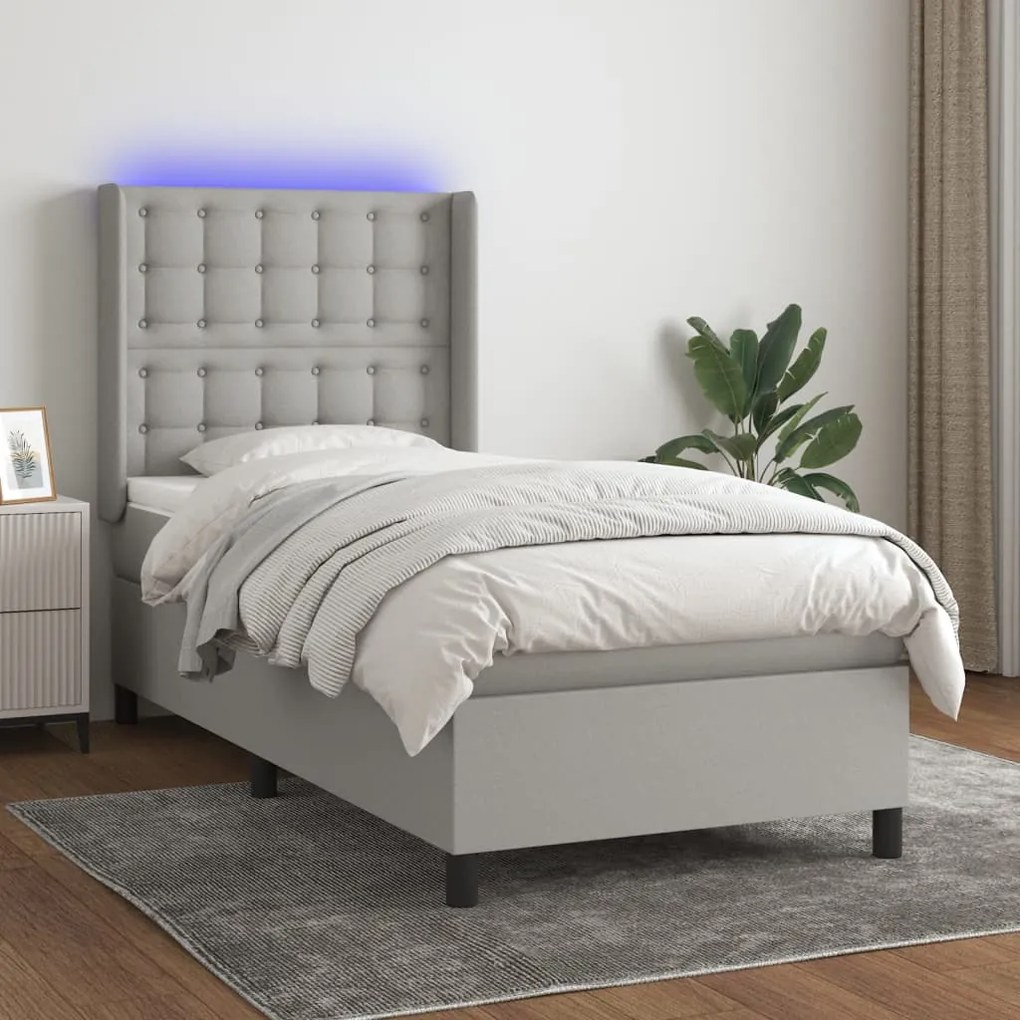 Κρεβάτι Boxspring με Στρώμα & LED Αν.Γκρι 100x200εκ. Υφασμάτινο