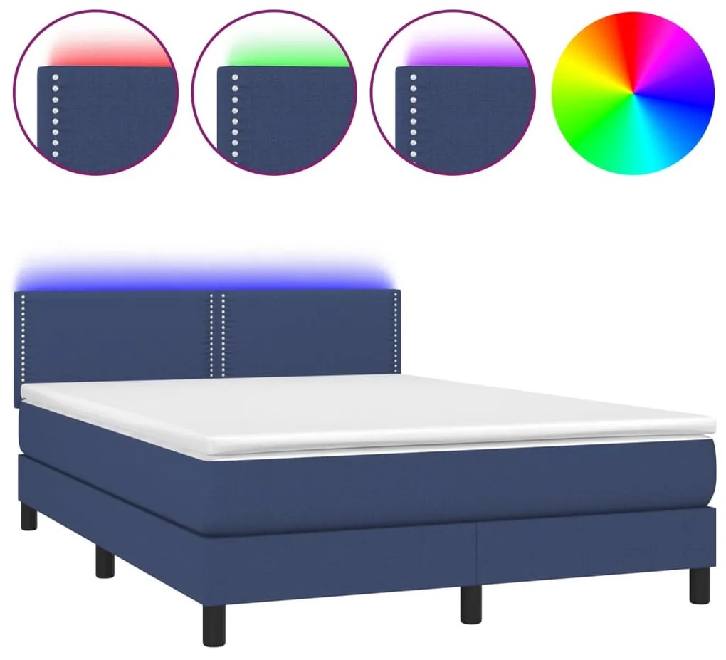 Κρεβάτι Boxspring με Στρώμα &amp; LED Μπλε 140x190 εκ. Υφασμάτινο - Μπλε