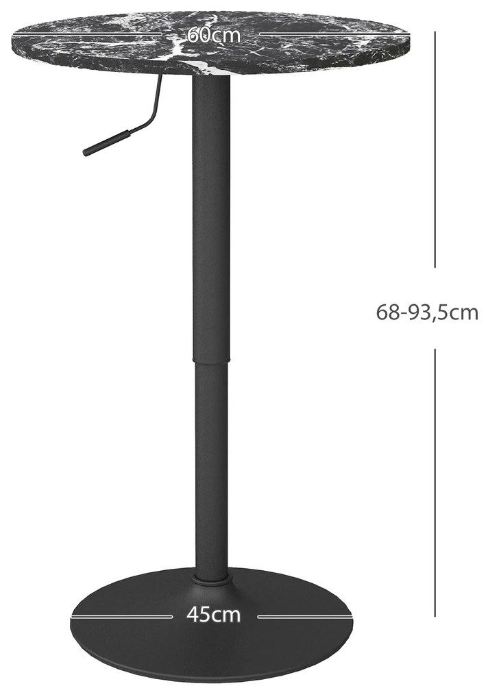 HOMCOM Μπάρα τραπεζιού για 2 άτομα, ρυθμιζόμενο ύψος, μαρμάρινη όψη, 60 x 60 x 68-93,5 cm, μαύρο