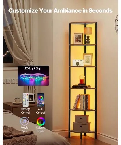 VEVOR 6 Tier Corner Shelf Tall Corner Stand with LED Light Narrow Display Rack
