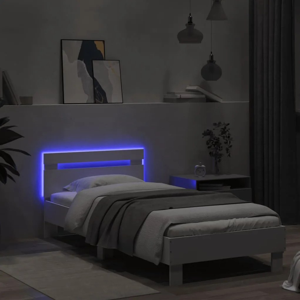 vidaXL Πλαίσιο Κρεβατιού με Κεφαλάρι &amp; λυχνίες LED Λευκό 75 x 190 εκ.