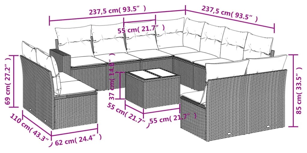 vidaXL Σαλόνι Κήπου 12 Τεμαχίων Μαύρο Συνθετικό Ρατάν με Μαξιλάρια