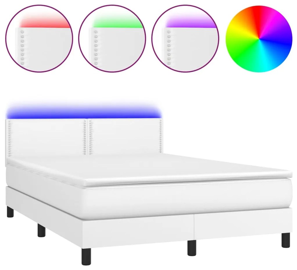 Κρεβάτι Boxspring με Στρώμα &amp; LED Λευκό 140x190 εκ. Συνθ. Δέρμα - Λευκό