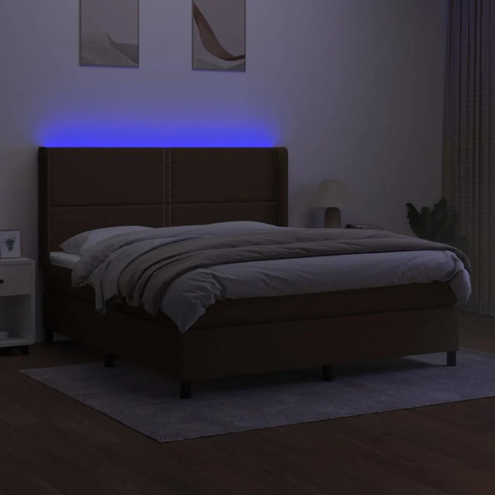 Κρεβάτι Boxspring με Στρώμα &amp; LED Σκ.Καφέ 160x200εκ. Υφασμάτινο - Καφέ