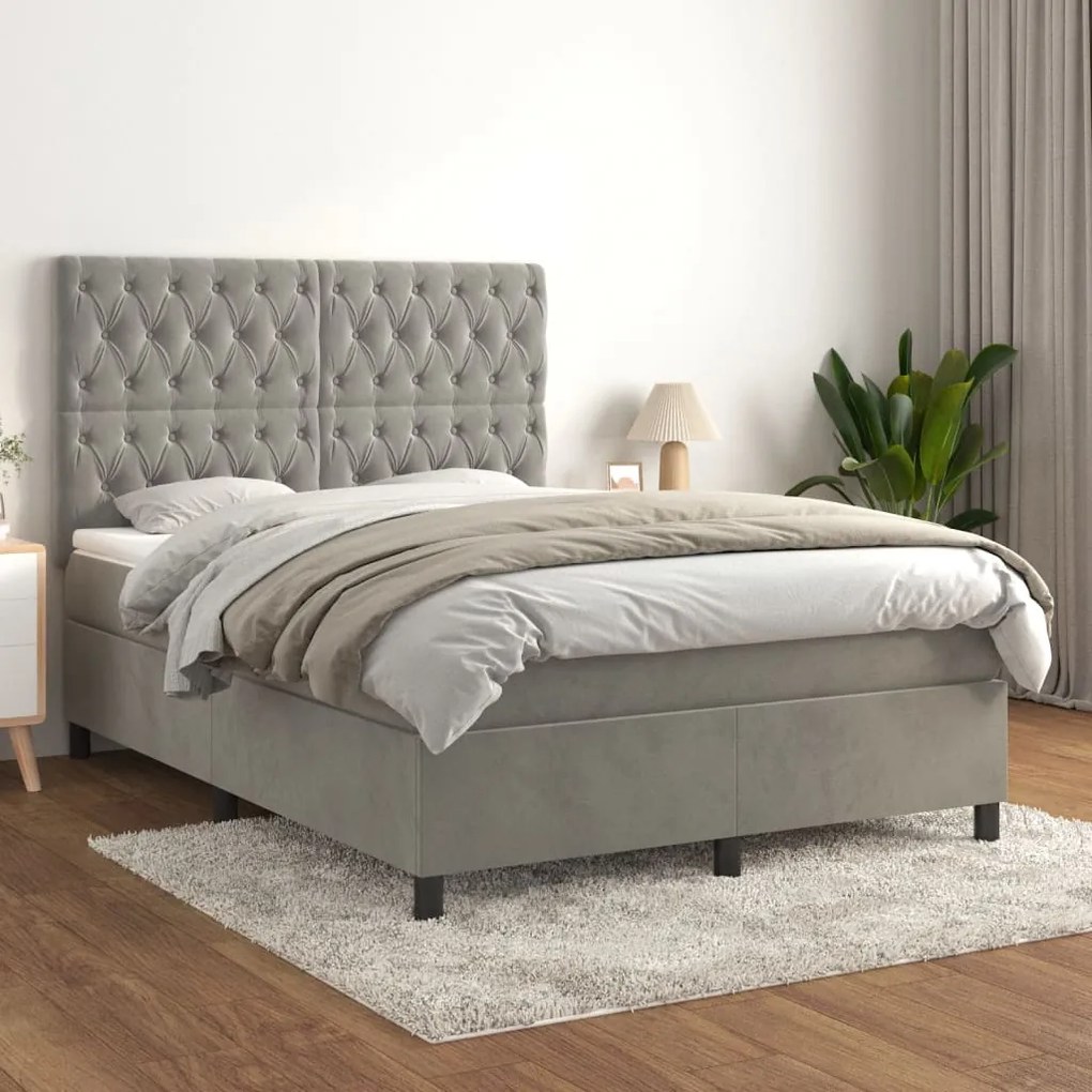 vidaXL Κρεβάτι Boxspring με Στρώμα Ανοιχτό Γκρι 140x190 εκ. Βελούδινο