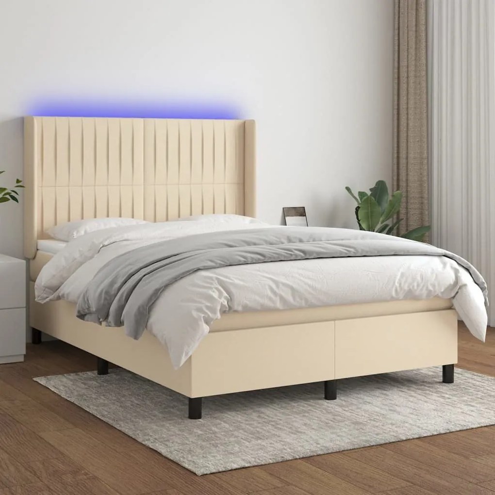 ΚΡΕΒΑΤΙ BOXSPRING ΜΕ ΣΤΡΩΜΑ &amp; LED ΚΡΕΜ 140X190 ΕΚ. ΥΦΑΣΜΑΤΙΝΟ 3138474