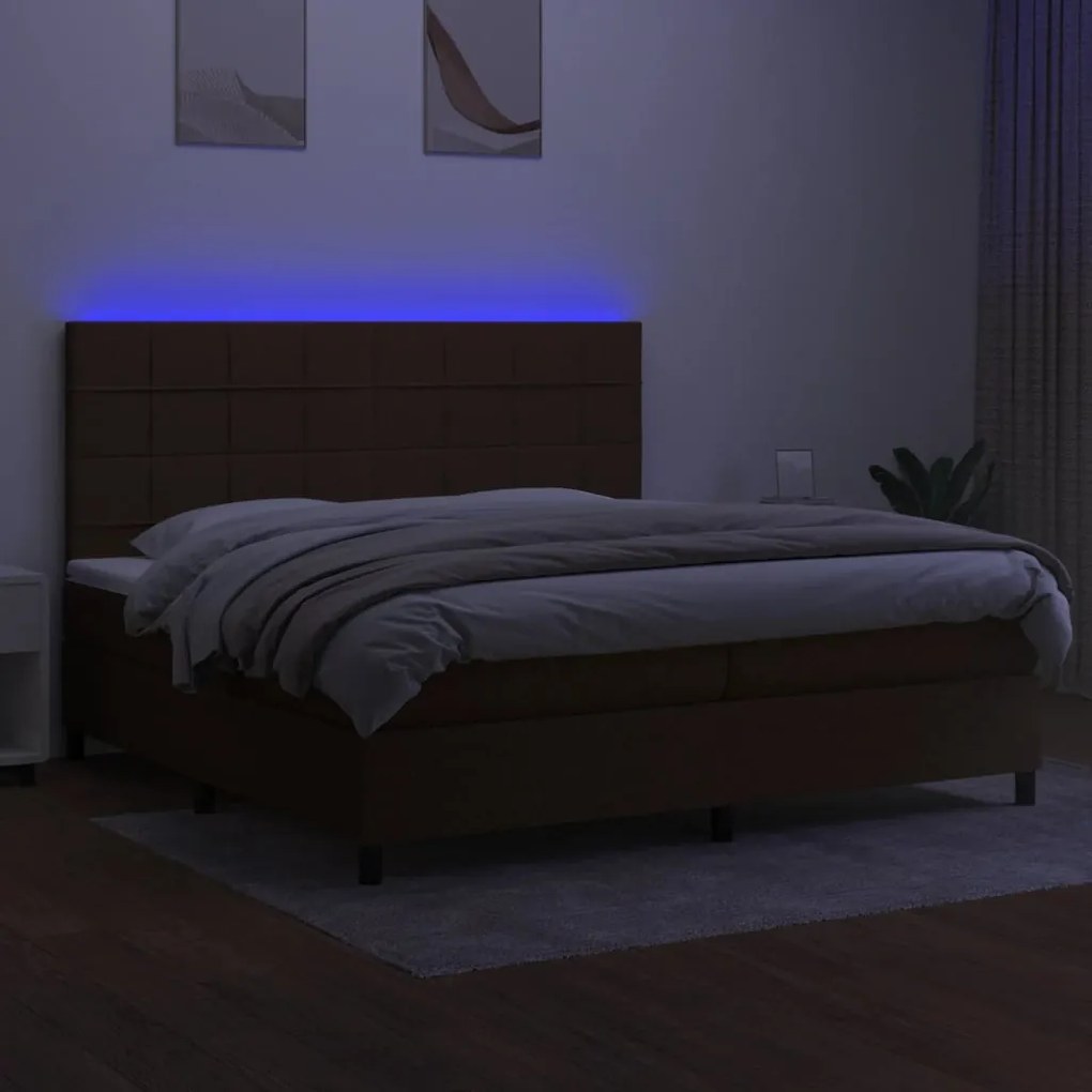 vidaXL Κρεβάτι Boxspring με Στρώμα & LED Σκ.Καφέ 200x200εκ. Υφασμάτινο