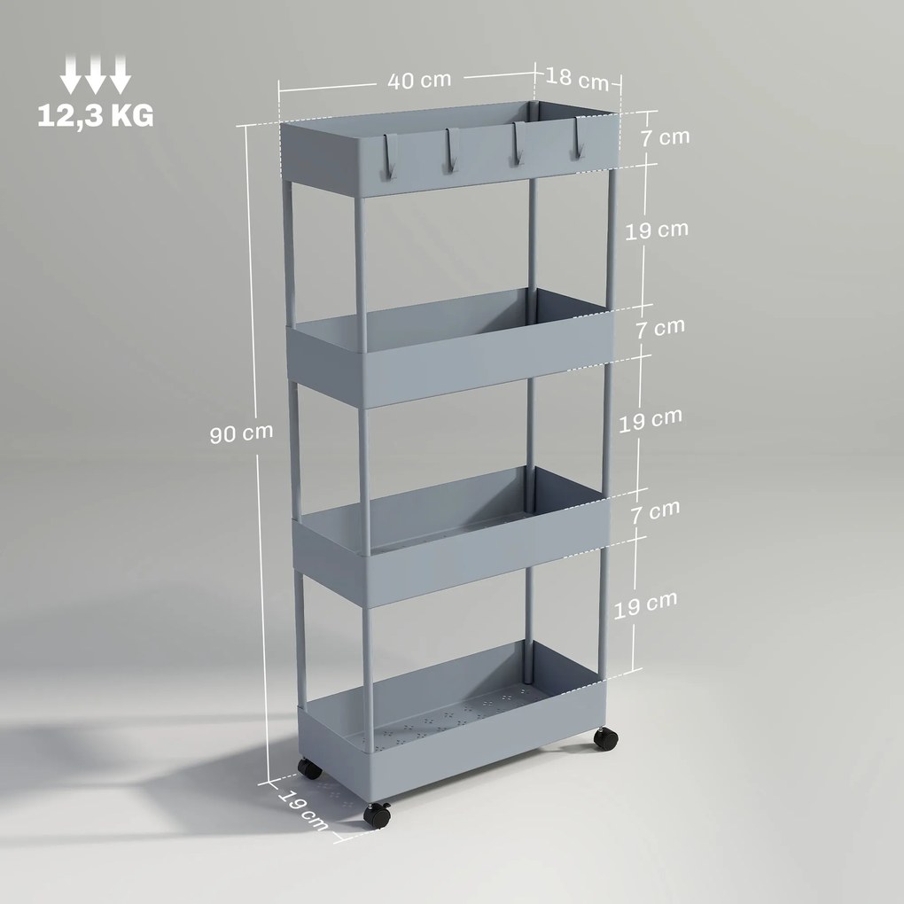 HOMCOM Τροχήλατο καρότσι κουζίνας με 4 ράφια, 4 εύκαμπτους γάντζους, 4 τροχούς, 40 cm x 19 cm x 90 cm, καρότσι για στενούς χώρους, Γκρι