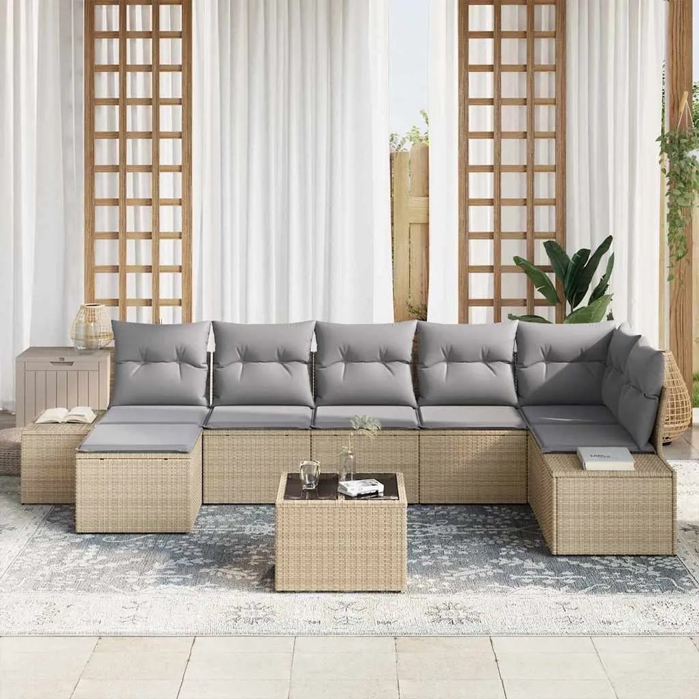 vidaXL Σετ Καναπέ Κήπου με μαξιλάρι 8 pcs Μπεζ Πολυ ράταν