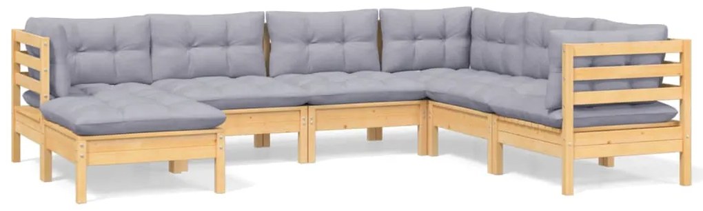 vidaXL Σαλόνι Κήπου Σετ 7 Τεμαχίων Μασίφ Ξύλο Πεύκου με Γκρι Μαξιλάρια