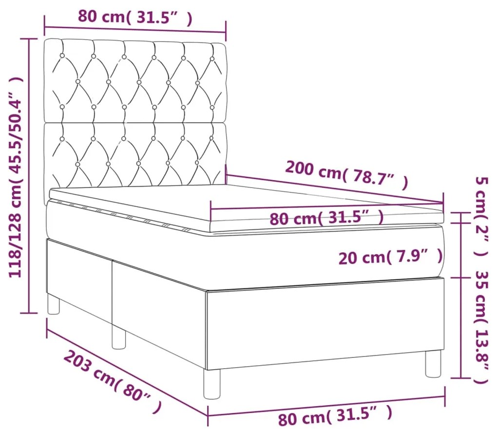 Κρεβάτι Boxspring με Στρώμα &amp; LED Σκ.Γκρι 80x200 εκ. Υφασμάτινο - Γκρι