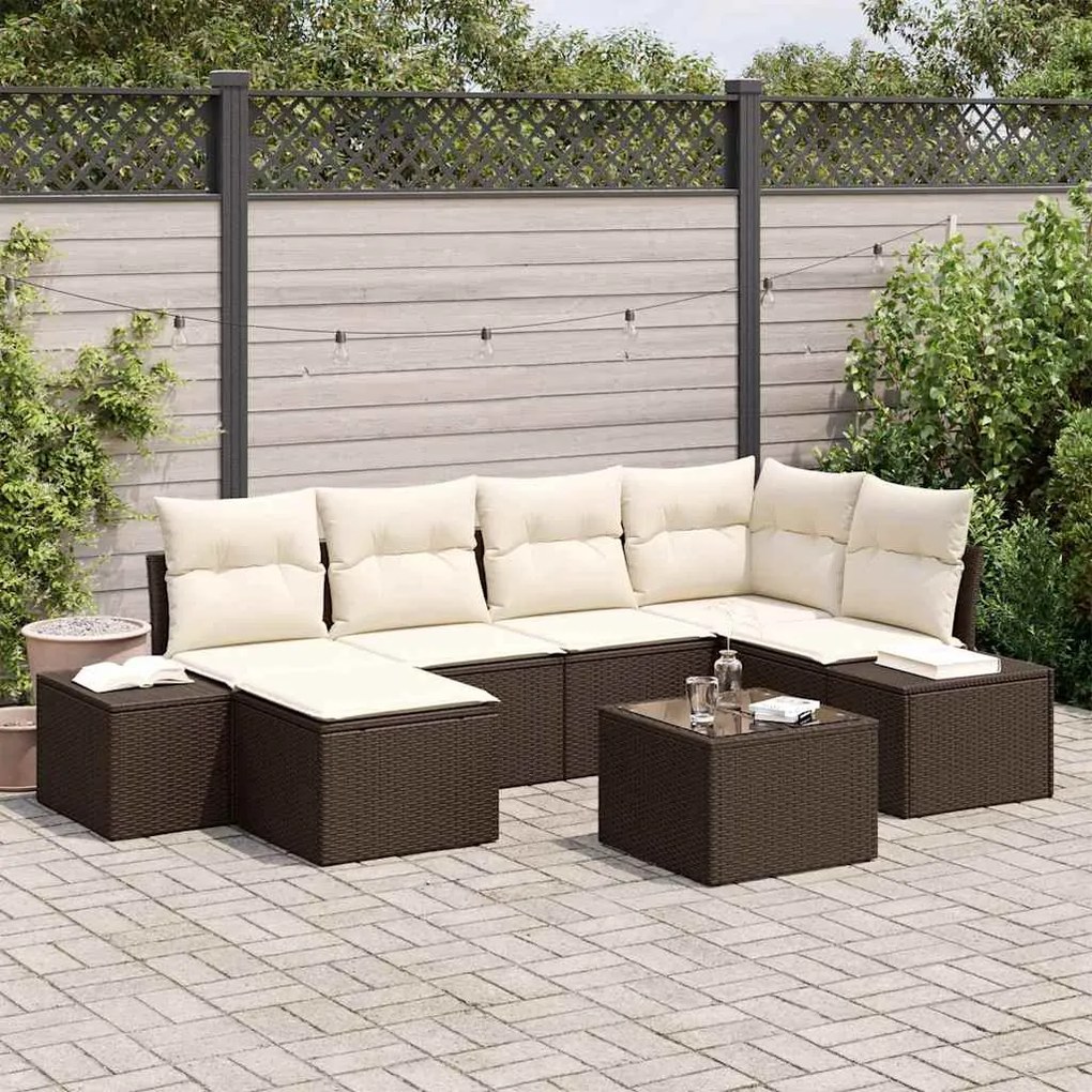 vidaXL Σετ Καναπέ Κήπου με μαξιλάρι 7 pcs Καφέ και κρεμ Πολυ ράταν