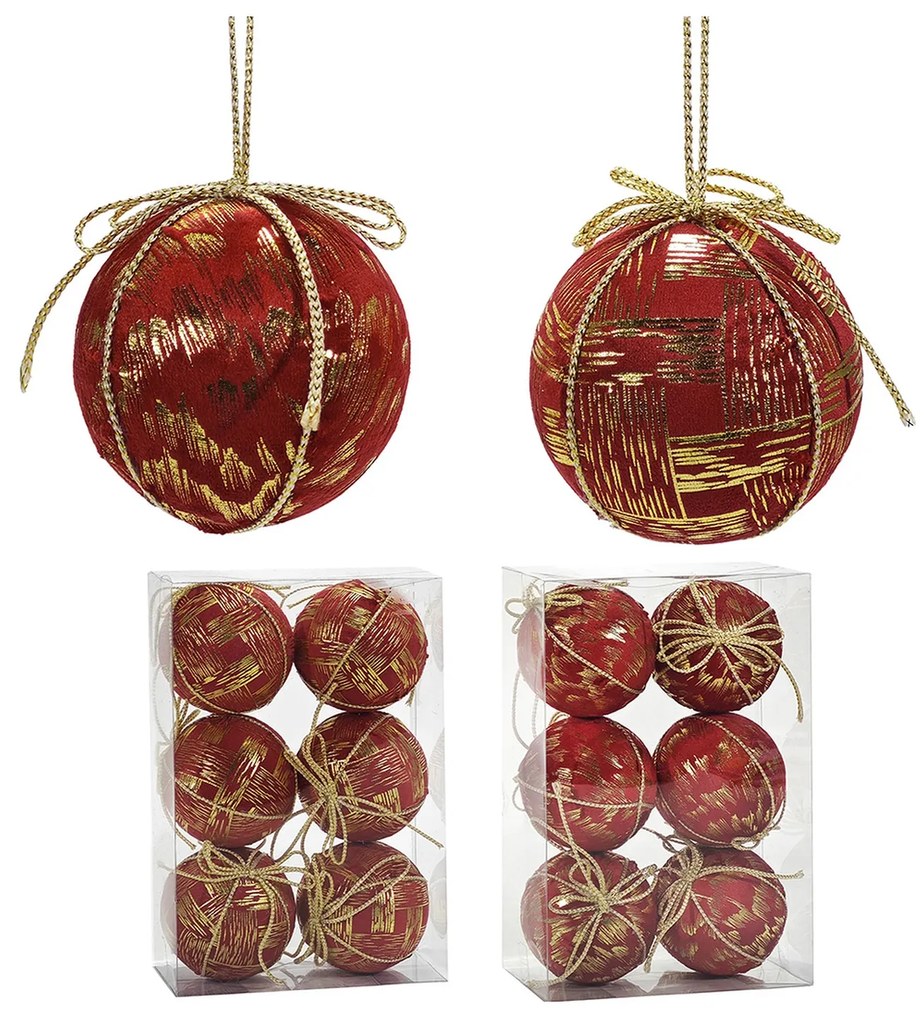 Χριστουγεννιάτικη Μπάλα Κόκκινο 80mm Σετ 6Τμχ Σε 2 Σχέδια