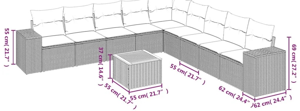 vidaXL Σαλόνι Κήπου Σετ 10 Τεμαχίων Μαύρο Συνθετικό Ρατάν με Μαξιλάρια