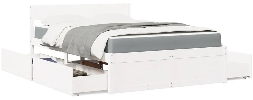 vidaXL Κρεβάτι με Συρτάρια+Στρώμα Λευκό 120x190 εκ. Μασίφ Ξύλο Πεύκου
