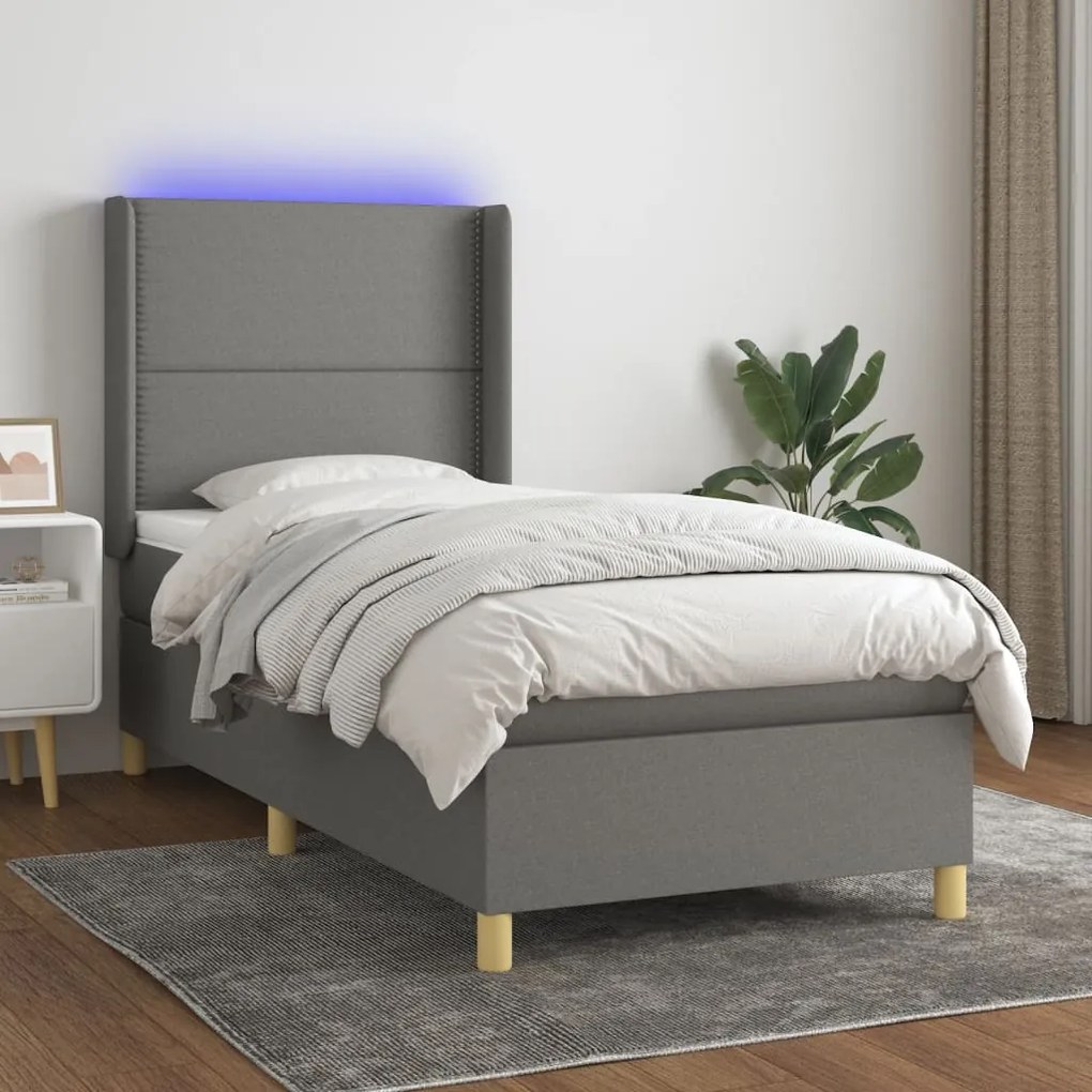 vidaXL Κρεβάτι Boxspring με Στρώμα &amp; LED Σκ.Γκρι 100x200 εκ Υφασμάτινο