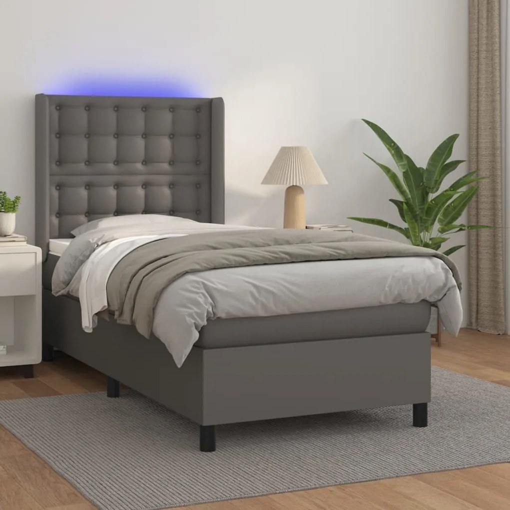 vidaXL Κρεβάτι Boxspring με Στρώμα & LED Γκρι 100x200 εκ. Συνθ. Δέρμα