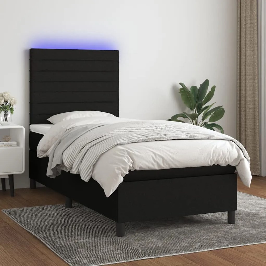 Κρεβάτι Boxspring με Στρώμα &amp; LED Μαύρο 90x190 εκ. Υφασμάτινο - Μαύρο