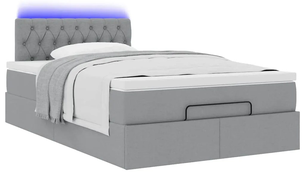 vidaXL Οθωμανικό κρεβάτι με στρώμα & LEDs Ανοιχτό γκρι Ύφασμα