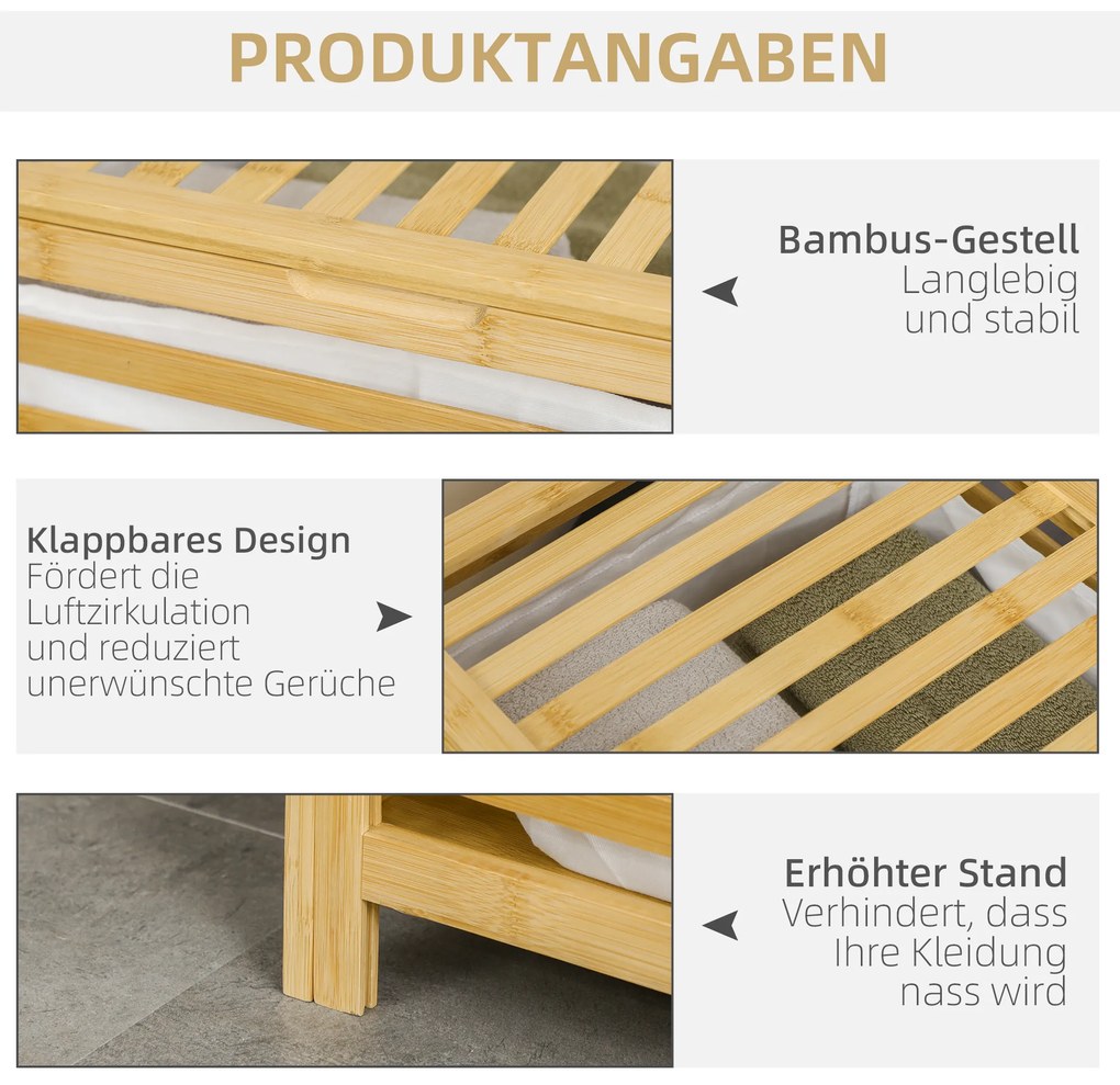 HOMCOM Καλάθι απλύτων από μπαμπού, αφαιρούμενη τσάντα πλυντηρίου, αδιάβροχο, Φυσικό + Μπεζ