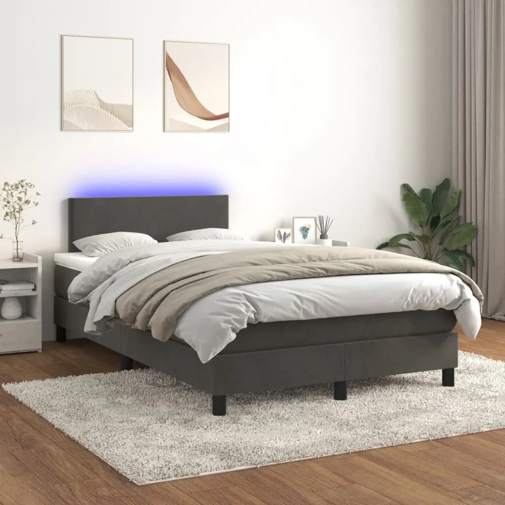 Κρεβάτι Boxspring με Στρώμα &amp; LED Σκ.Γκρι 120x190εκ. Βελούδινο - Γκρι