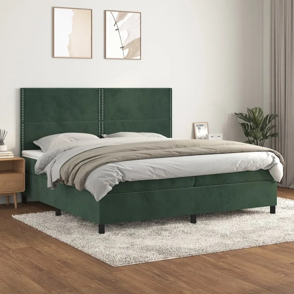 Κρεβάτι Boxspring με Στρώμα Σκούρο Πράσινο 200x200εκ. Βελούδινο - Πράσινο