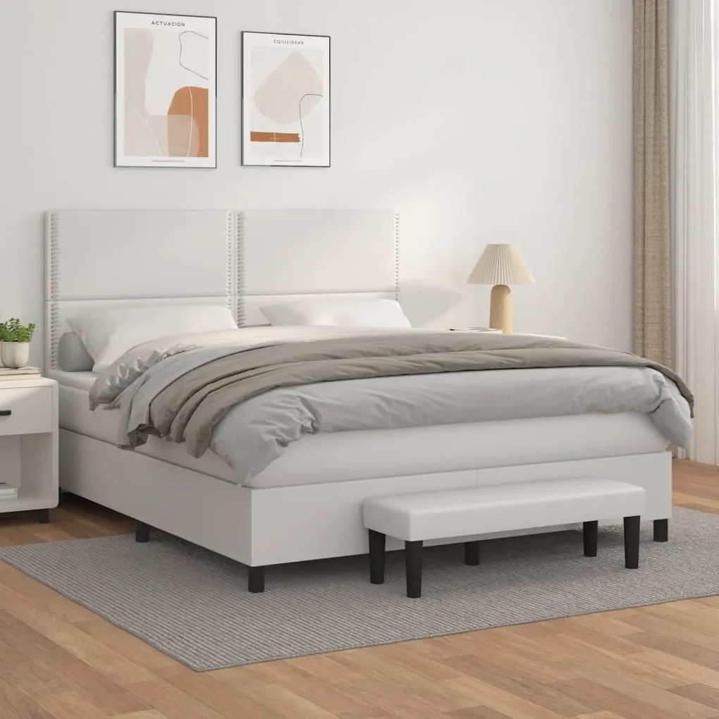 vidaXL Κρεβάτι Boxspring με Στρώμα Λευκό 160x200εκ.από Συνθετικό Δέρμα