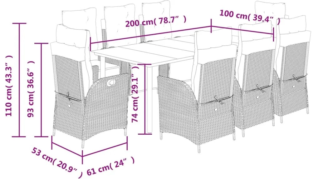 Σετ Τραπεζαρίας Κήπου 9 τεμ Μαύρο από Συνθ. Ρατάν με Μαξιλάρια 3213405